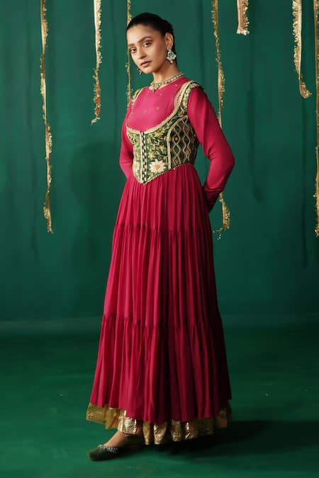 Leela By A_Red Crepe, Satin, Lycra, Linen, Organza Designer Sindoori Layered Anarkali Set _Online_at_Aza_Fashions