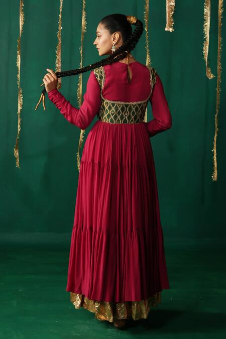 Shop_Leela By A_Red Crepe, Satin, Lycra, Linen, Organza Designer Sindoori Layered Anarkali Set _at_Aza_Fashions
