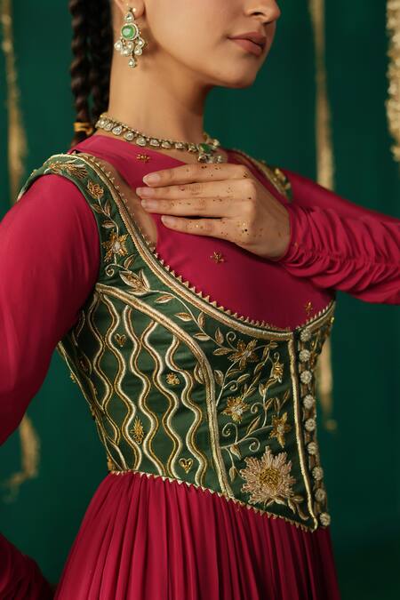 Buy_Leela By A_Red Crepe, Satin, Lycra, Linen, Organza Designer Sindoori Layered Anarkali Set _Online_at_Aza_Fashions