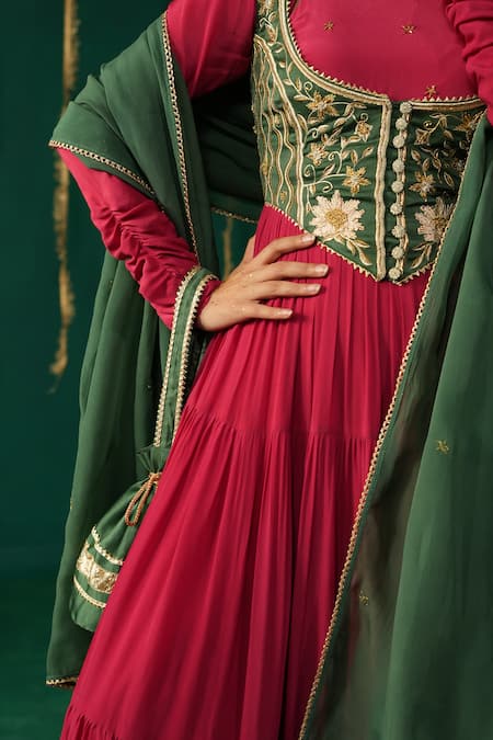 Shop_Leela By A_Red Crepe, Satin, Lycra, Linen, Organza Designer Sindoori Layered Anarkali Set _Online_at_Aza_Fashions