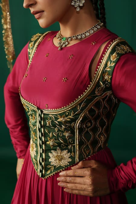 Leela By A_Red Crepe, Satin, Lycra, Linen, Organza Designer Sindoori Layered Anarkali Set _at_Aza_Fashions