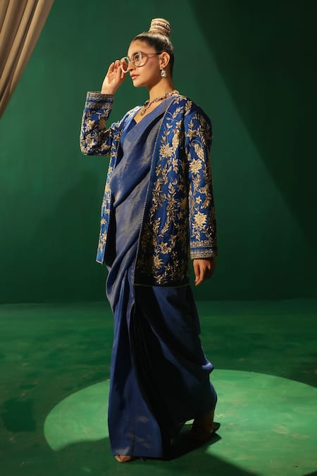 Shop_Leela By A_Blue Linen, Satin, Organza, Tissue, Crepe Sequins, Jacket And Pre-draped Saree _at_Aza_Fashions