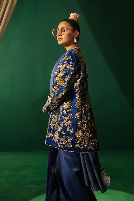 Leela By A_Blue Linen, Satin, Organza, Tissue, Crepe Sequins, Jacket And Pre-draped Saree _Online_at_Aza_Fashions