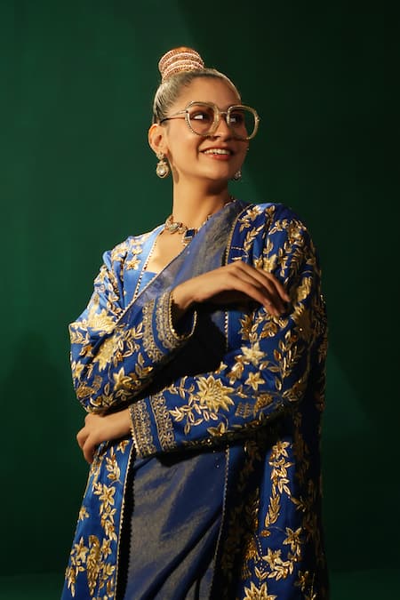 Buy_Leela By A_Blue Linen, Satin, Organza, Tissue, Crepe Sequins, Jacket And Pre-draped Saree _Online_at_Aza_Fashions