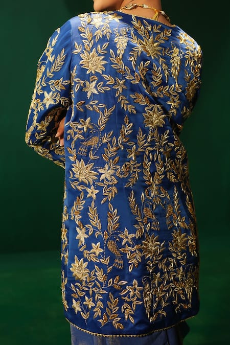 Shop_Leela By A_Blue Linen, Satin, Organza, Tissue, Crepe Sequins, Jacket And Pre-draped Saree _Online_at_Aza_Fashions