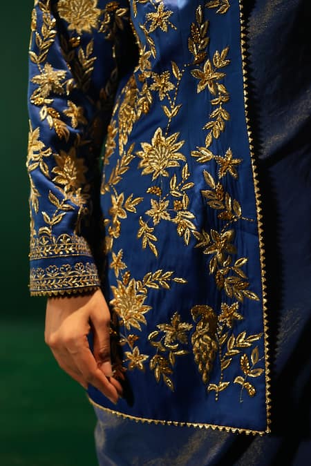 Leela By A_Blue Linen, Satin, Organza, Tissue, Crepe Sequins, Jacket And Pre-draped Saree _at_Aza_Fashions