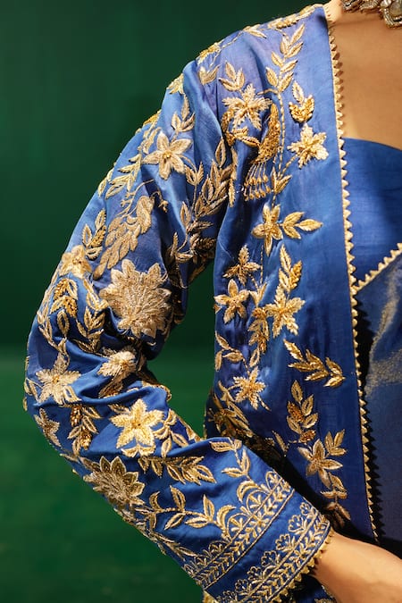 Buy_Leela By A_Blue Linen, Satin, Organza, Tissue, Crepe Sequins, Jacket And Pre-draped Saree 