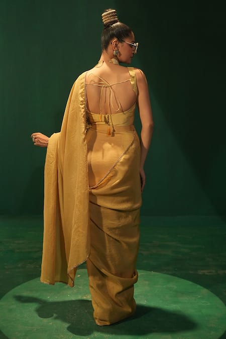 Shop_Leela By A_Gold Tissue, Organza Embroidery Saree Set _at_Aza_Fashions
