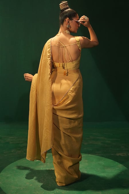 Leela By A_Gold Tissue, Organza Embroidery Saree Set _Online_at_Aza_Fashions