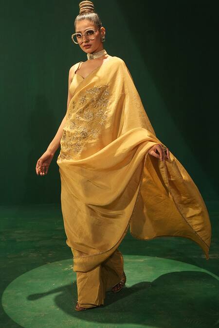 Buy_Leela By A_Gold Tissue, Organza Embroidery Saree Set _Online_at_Aza_Fashions