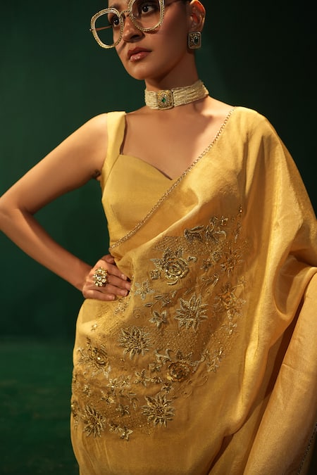 Shop_Leela By A_Gold Tissue, Organza Embroidery Saree Set _Online_at_Aza_Fashions