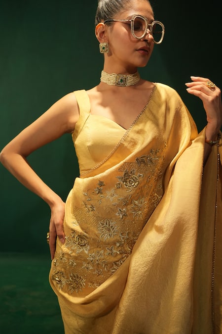 Leela By A_Gold Tissue, Organza Embroidery Saree Set _at_Aza_Fashions