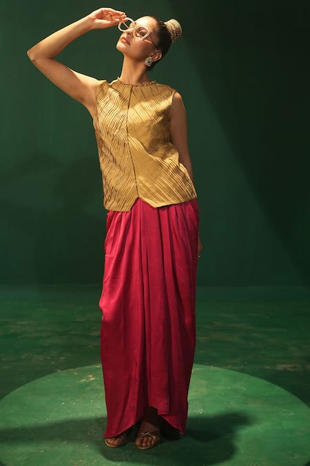 Leela By A_Gold Tissue, Organza Embroidery Round Pleated Blouse And Fuchsia Draped Skirt _Online_at_Aza_Fashions