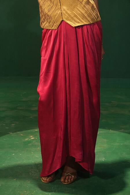 Buy_Leela By A_Gold Tissue, Organza Embroidery Round Pleated Blouse And Fuchsia Draped Skirt _Online_at_Aza_Fashions