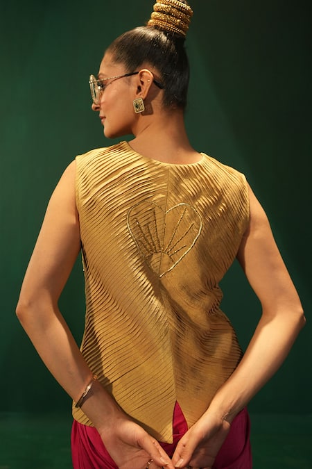 Shop_Leela By A_Gold Tissue, Organza Embroidery Round Pleated Blouse And Fuchsia Draped Skirt _at_Aza_Fashions