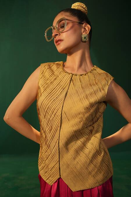 Shop_Leela By A_Gold Tissue, Organza Embroidery Round Pleated Blouse And Fuchsia Draped Skirt _Online_at_Aza_Fashions