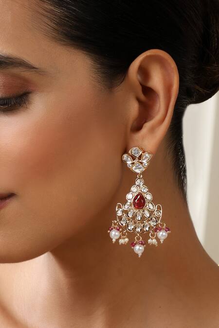 Swabhimann_Red Stones, Pearls Polki Danglers And Drops Earrings _Online_at_Aza_Fashions