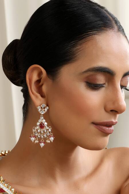 Shop_Swabhimann_Red Stones, Pearls Polki Danglers And Drops Earrings _Online_at_Aza_Fashions