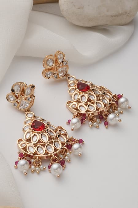 Shop_Swabhimann_Red Stones, Pearls Polki Danglers And Drops Earrings _at_Aza_Fashions