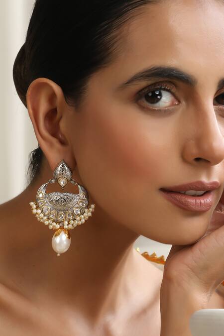 Swabhimann_Silver Plated Diamonds, Pearls Polki Chandbali Earrings _Online_at_Aza_Fashions
