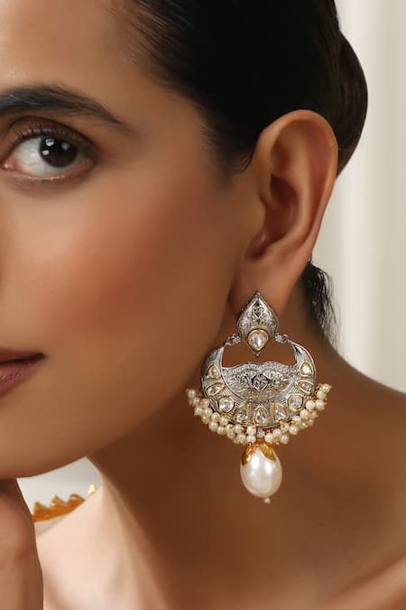 Buy_Swabhimann_Silver Plated Diamonds, Pearls Polki Chandbali Earrings _Online_at_Aza_Fashions