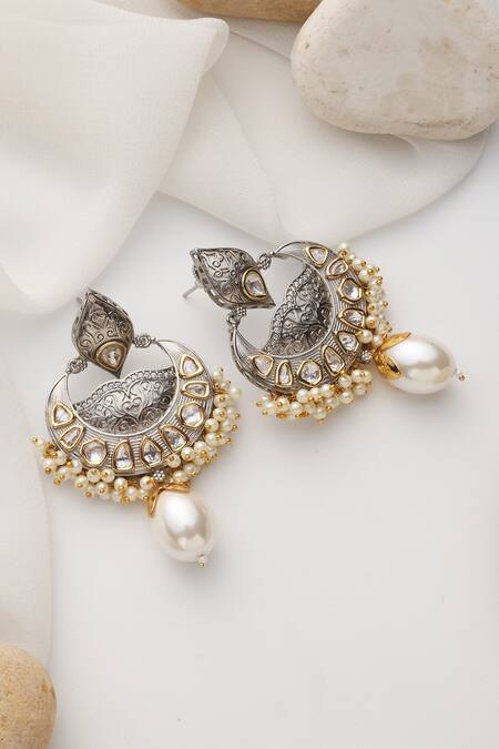 Shop_Swabhimann_Silver Plated Diamonds, Pearls Polki Chandbali Earrings _Online_at_Aza_Fashions