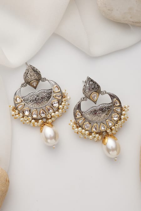 Shop_Swabhimann_Silver Plated Diamonds, Pearls Polki Chandbali Earrings _at_Aza_Fashions
