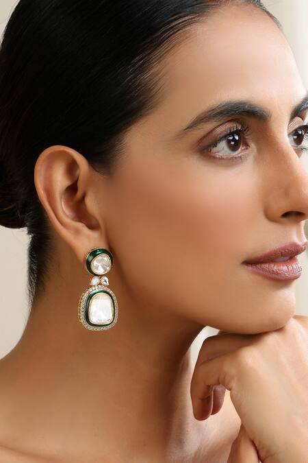 Shop_Swabhimann_Green Stones Polki Dangler Earrings _Online_at_Aza_Fashions