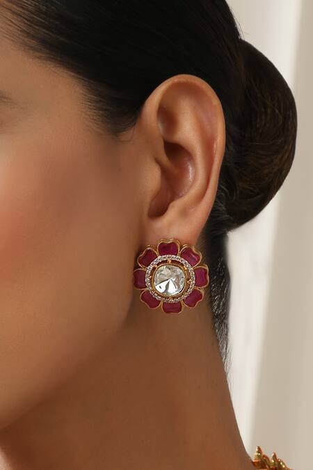 Swabhimann_Red Polki Stud Earrings _Online_at_Aza_Fashions