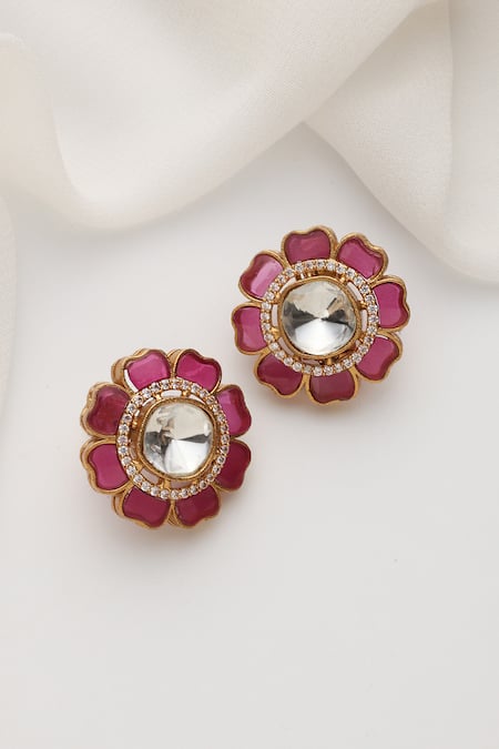 Shop_Swabhimann_Red Polki Stud Earrings _at_Aza_Fashions