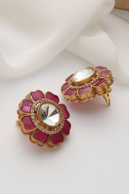 Shop_Swabhimann_Red Polki Stud Earrings _Online_at_Aza_Fashions