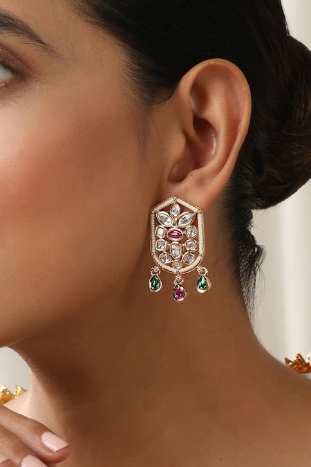 Swabhimann_Multi Color Stones Multicolour Polki Stud Earrings _Online_at_Aza_Fashions