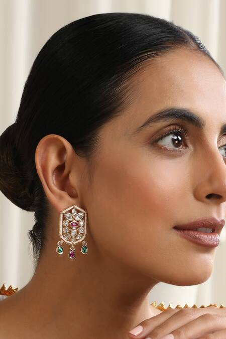 Shop_Swabhimann_Multi Color Stones Multicolour Polki Stud Earrings _Online_at_Aza_Fashions