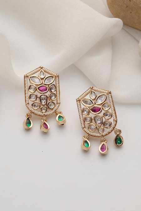 Shop_Swabhimann_Multi Color Stones Multicolour Polki Stud Earrings _at_Aza_Fashions