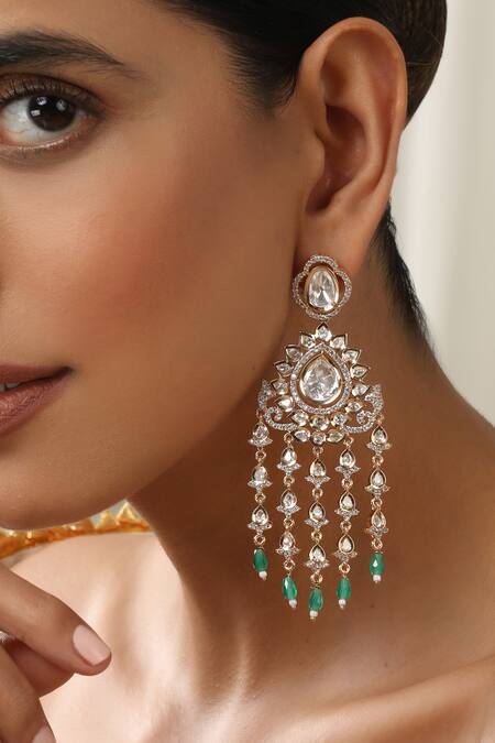 Swabhimann_Green Stones, Beads Mint Polki Dangler Earrings _Online_at_Aza_Fashions