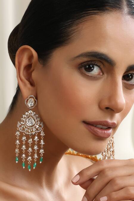 Buy_Swabhimann_Green Stones, Beads Mint Polki Dangler Earrings _Online_at_Aza_Fashions