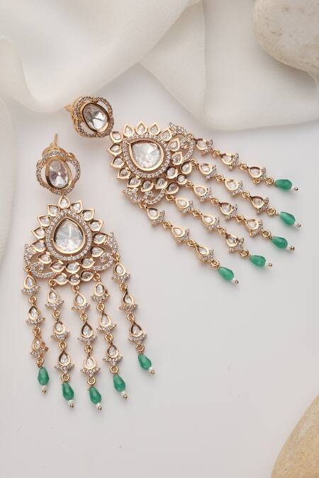 Shop_Swabhimann_Green Stones, Beads Mint Polki Dangler Earrings _Online_at_Aza_Fashions