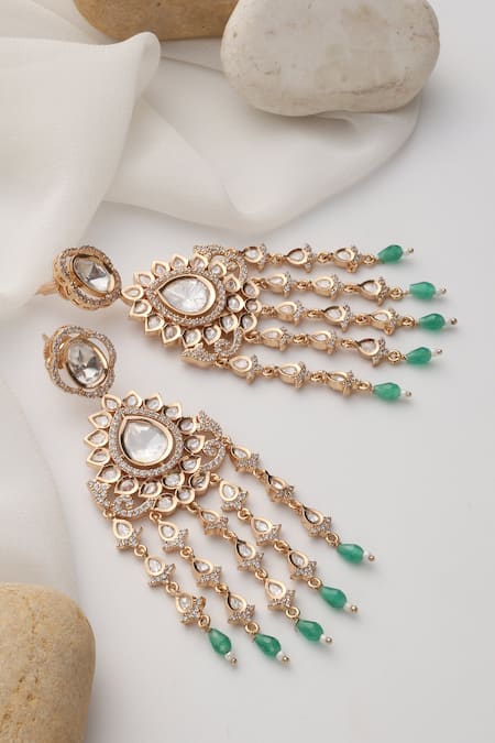 Shop_Swabhimann_Green Stones, Beads Mint Polki Dangler Earrings _at_Aza_Fashions