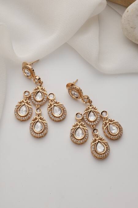 Shop Swabhimann Rose Gold Stones Polki Dangler Earrings at Aza Fashions Shop_Swabhimann_Rose Gold Stones Polki Dangler Earrings_at_Aza_Fashions