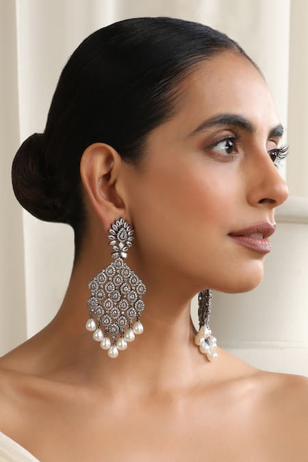 Swabhimann_Silver Plated Crystals, Pearls Zirconia Dangler Earrings _Online_at_Aza_Fashions