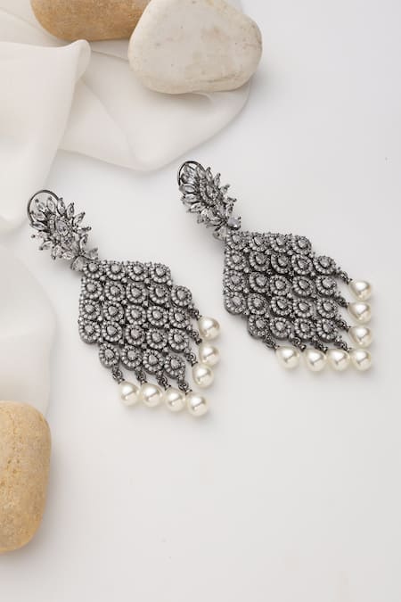 Shop_Swabhimann_Silver Plated Crystals, Pearls Zirconia Dangler Earrings _at_Aza_Fashions