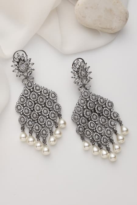 Shop_Swabhimann_Silver Plated Crystals, Pearls Zirconia Dangler Earrings _Online_at_Aza_Fashions
