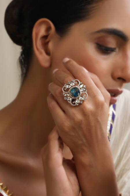 Swabhimann Blue Zari Zirconia And Polki Adjustable Ring Online at Aza Fashions Swabhimann_Blue Zari Zirconia And Polki Adjustable Ring_Online_at_Aza_Fashions