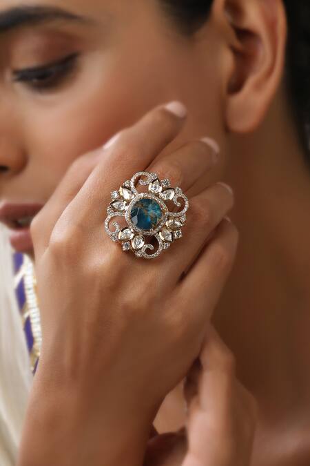 Buy Swabhimann Blue Zari Zirconia And Polki Adjustable Ring Online at Aza Fashions Buy_Swabhimann_Blue Zari Zirconia And Polki Adjustable Ring_Online_at_Aza_Fashions