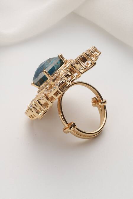 Shop Swabhimann Blue Zari Zirconia And Polki Adjustable Ring Online at Aza Fashions Shop_Swabhimann_Blue Zari Zirconia And Polki Adjustable Ring_Online_at_Aza_Fashions