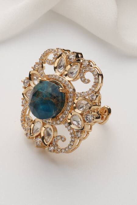 Shop Swabhimann Blue Zari Zirconia And Polki Adjustable Ring at Aza Fashions Shop_Swabhimann_Blue Zari Zirconia And Polki Adjustable Ring_at_Aza_Fashions