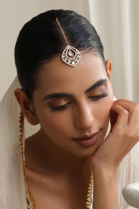 Swabhimann_Rose Gold Polki Maang Tikka_Online_at_Aza_Fashions