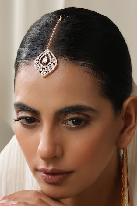 Shop_Swabhimann_Rose Gold Polki Maang Tikka_Online_at_Aza_Fashions