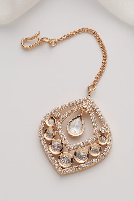 Shop_Swabhimann_Rose Gold Polki Maang Tikka_at_Aza_Fashions