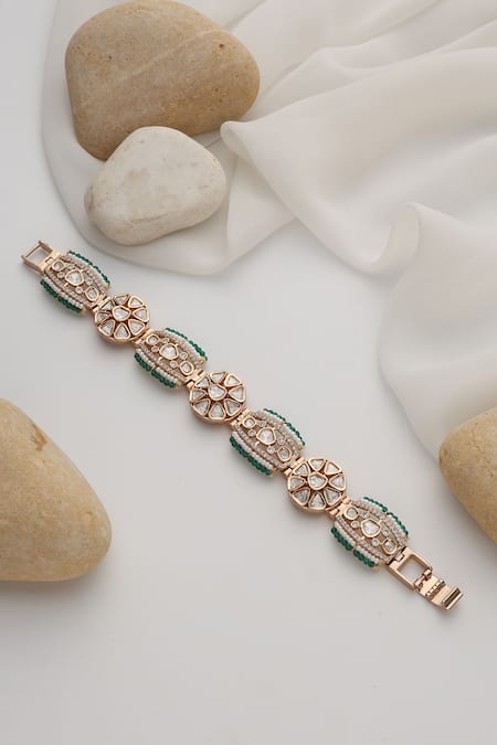 Shop Swabhimann Green Diamonds, Crystals Polki Bracelet With Rose Gold Plating at Aza Fashions Shop_Swabhimann_Green Diamonds, Crystals Polki Bracelet With Rose Gold Plating _at_Aza_Fashions